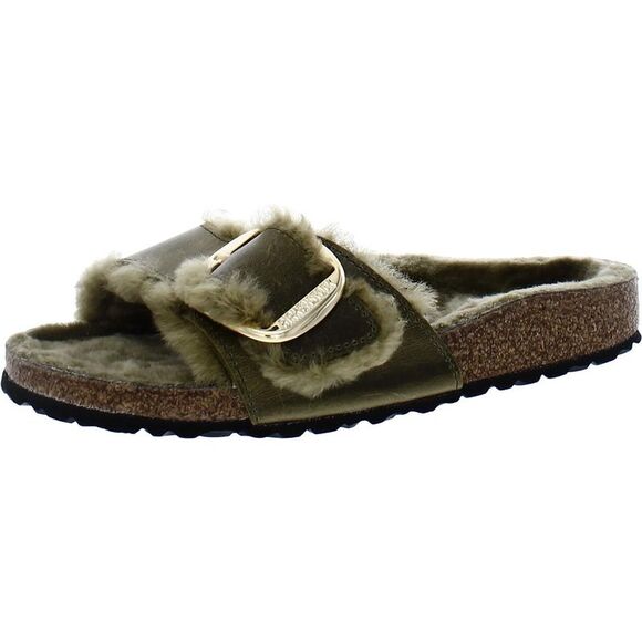 Birkenstock Shoes - Birkenstock Womens Madrid Green Shearling Buckle Cozy Slide Sandals Shoes New
